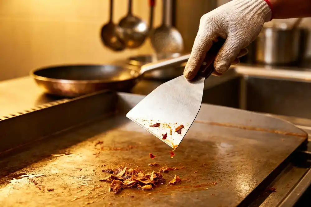 Limpiar la plancha de la cocina de un restaurante